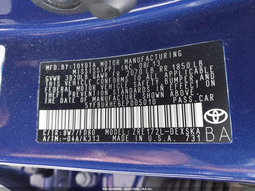 2014 Toyota Corolla VIN 5YFBURHE6EP005010 IAAI salvage auction — FRONT END, Salvage Title, sold $2,725 on 2026-07-22 (photo 9)