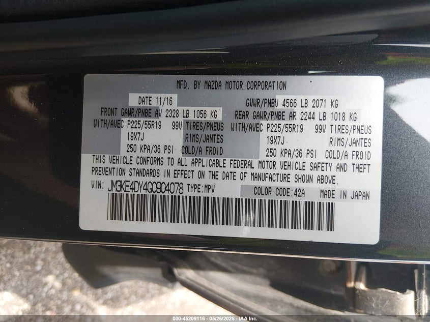 2016 Mazda Cx-5 VIN JM3KE4DY4G0904078 IAAI salvage auction — NORMAL WEAR, Clear (Montana), sold $4,350 on 2026-07-08 (photo 9)