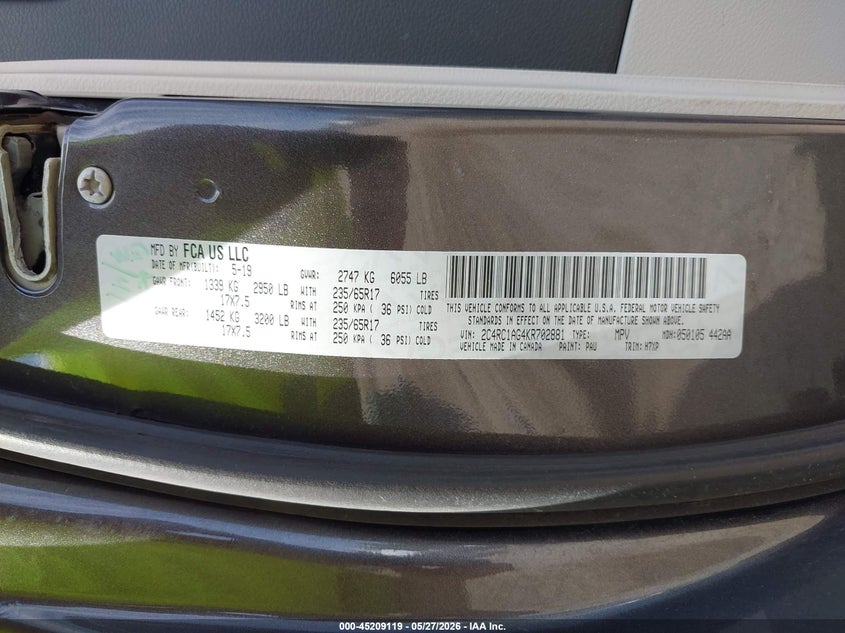 2019 Chrysler Pacifica VIN 2C4RC1AG4KR702881 IAAI salvage auction — FRONT END, Salvage Title, sold $1,600 on 2026-07-23 (photo 9)