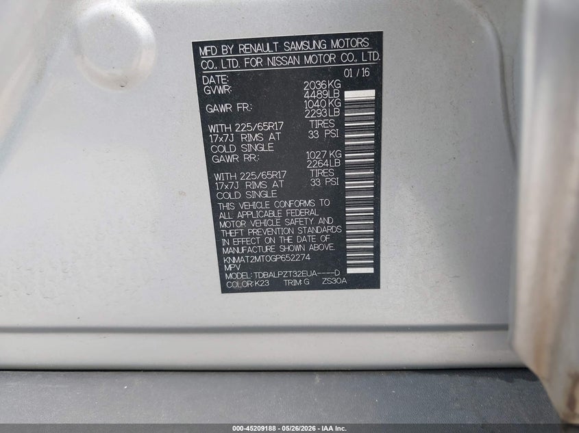 2016 Nissan Rogue VIN KNMAT2MT0GP652274 IAAI salvage auction — REAR END, Salvage (Tennessee), sold $2,300 on 2026-07-14 (photo 9)