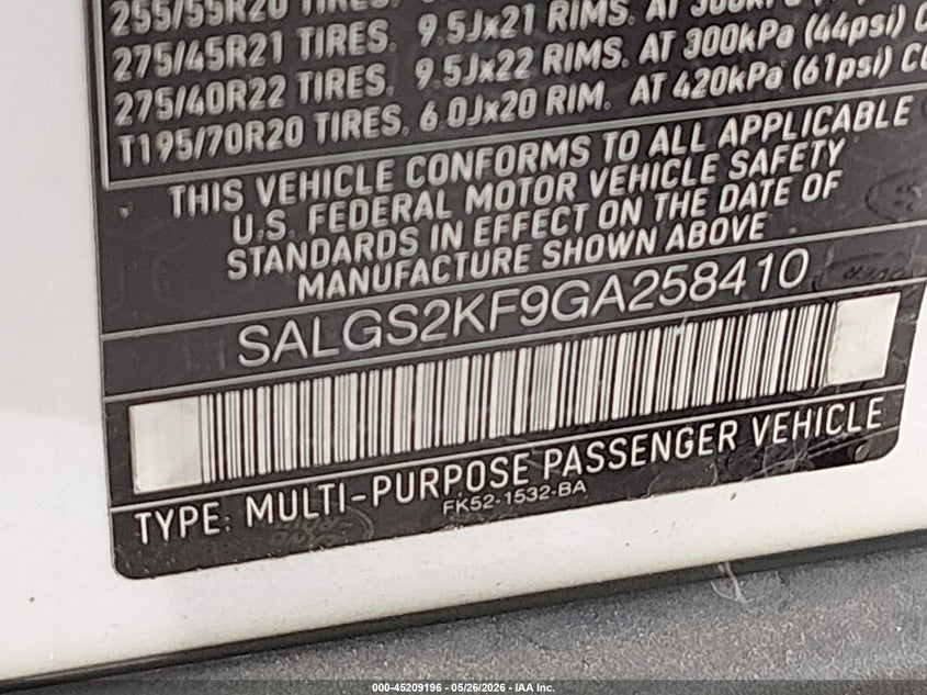 2016 Land rover RANGE ROVER VIN SALGS2KF9GA258410 IAAI salvage auction — NORMAL WEAR, Original (Texas), sold $3,350 on 2026-07-29 (photo 9)