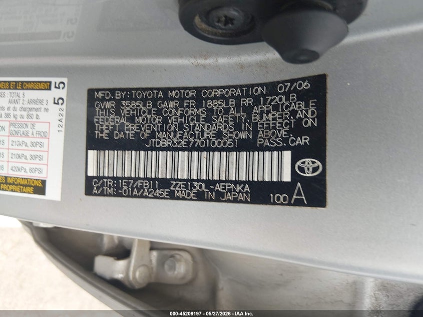 2007 Toyota Corolla VIN JTDBR32E770100051 IAAI salvage auction — FRONT END, Salvage (North Carolina), sold $825 on 2026-07-16 (photo 9)