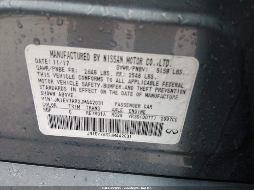 2018 Infiniti Q50 VIN JN1EV7AR2JM442031 IAAI salvage auction — FRONT END, Salvage (North Carolina), sold $4,100 on 2026-07-20 (photo 9)