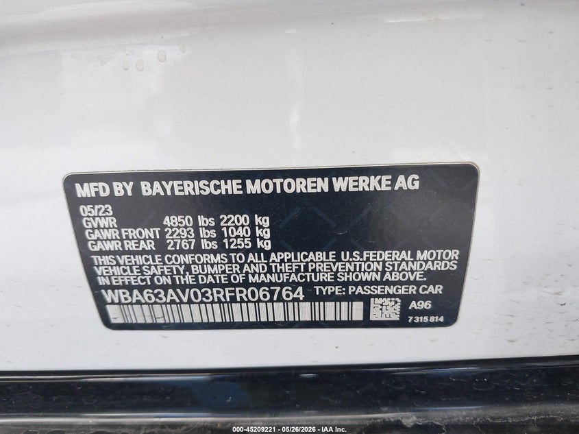 2024 BMW 4er VIN WBA63AV03RFR06764 IAAI salvage auction — RIGHT FRONT, Salvage (Virginia), sold $15,100 on 2026-07-23 (photo 9)