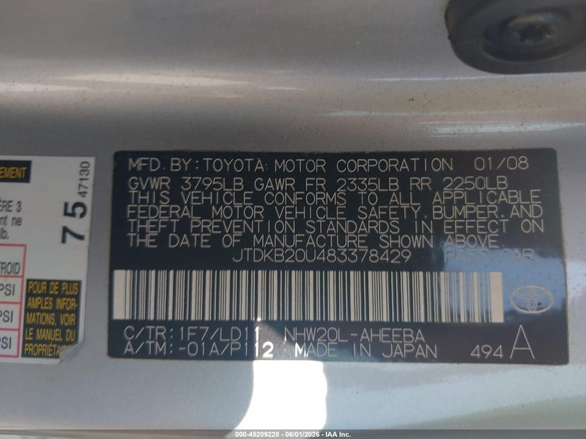 2008 Toyota Prius VIN JTDKB20U483378429 IAAI salvage auction — FRONT END, Junk (Oklahoma), sold $675 on 2026-07-21 (photo 9)