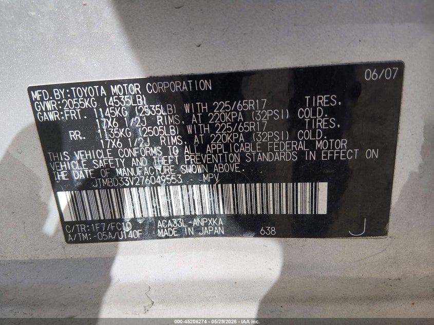 2007 Toyota Rav 4 VIN JTMBD33V276049553 IAAI salvage auction — FRONT END, Salvage (Idaho), sold $1,550 on 2026-07-28 (photo 9)