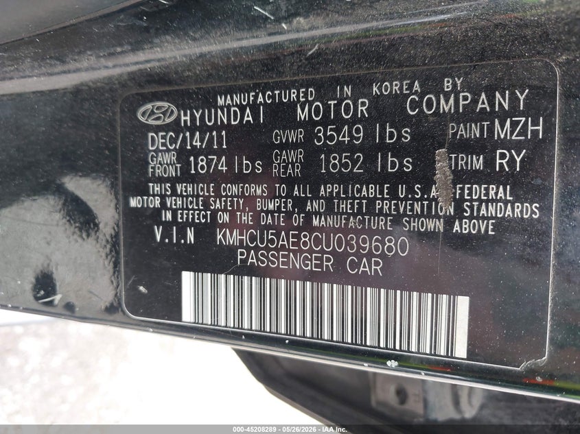 2012 Hyundai Accent VIN KMHCU5AE8CU039680 IAAI salvage auction — FRONT & REAR, Salvage - Greater Than 75% (Maryland), sold $650 on 2026-07-23 (photo 9)