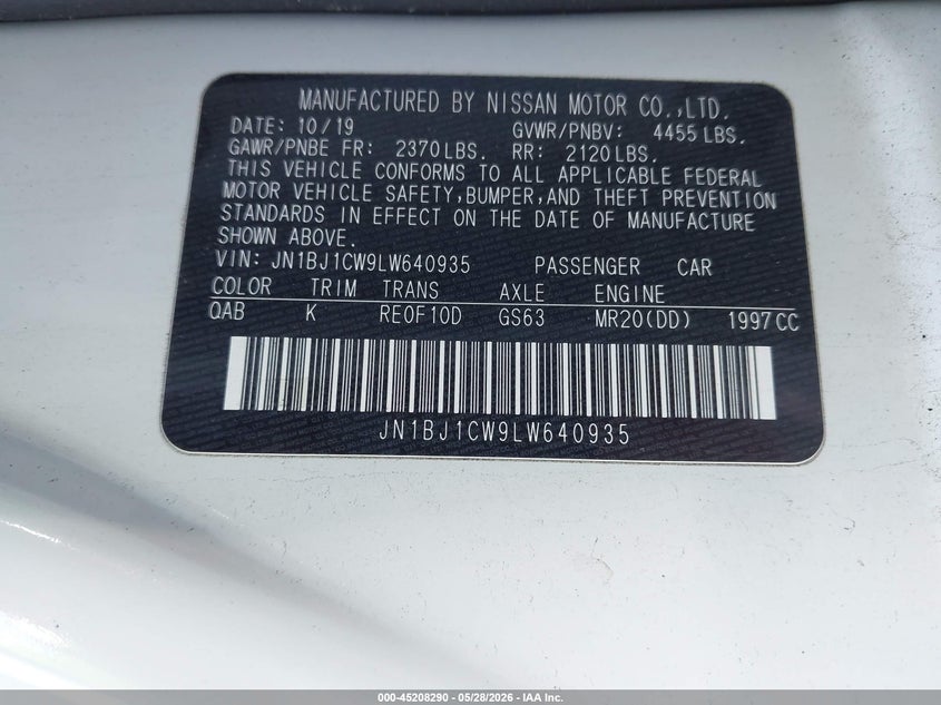 2020 Nissan Rogue VIN JN1BJ1CW9LW640935 IAAI salvage auction — FRONT END, Salvage Title, sold $25 on 2026-07-28 (photo 9)