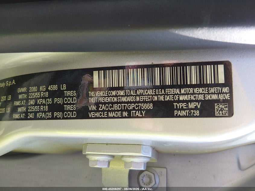 2016 Jeep Renegade VIN ZACCJBDT7GPC75668 IAAI salvage auction — FRONT END, Wait Title, sold $400 on 2026-08-20 (photo 9)