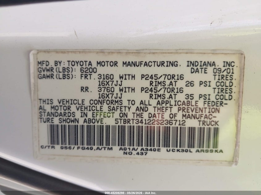 2002 Toyota Tundra VIN 5TBRT34122S236712 IAAI salvage auction — RIGHT FRONT, Original (Texas), sold $2,200 on 2026-07-09 (photo 9)