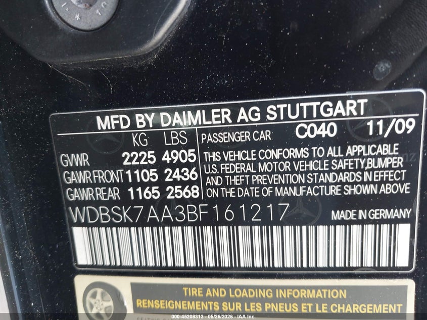 2011 Mercedes-benz Slc-klasse amg VIN WDBSK7AA3BF161217 IAAI salvage auction — FRONT END, Salvage (California), sold $8,800 on 2026-07-15 (photo 9)