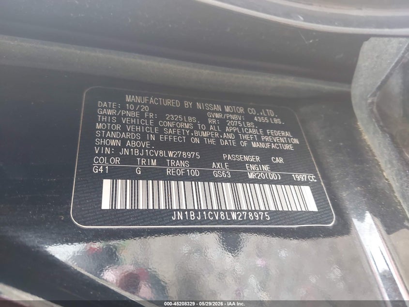 2020 Nissan Rogue VIN JN1BJ1CV8LW278975 IAAI salvage auction — FRONT & REAR, Salvage Title, sold $1,175 on 2026-07-23 (photo 9)