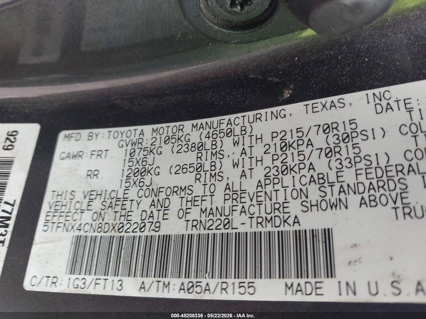 2013 Toyota Tacoma VIN 5TFNX4CN8DX022079 IAAI salvage auction — NORMAL WEAR, Clear (Tennessee), sold $4,000 on 2026-07-22 (photo 9)
