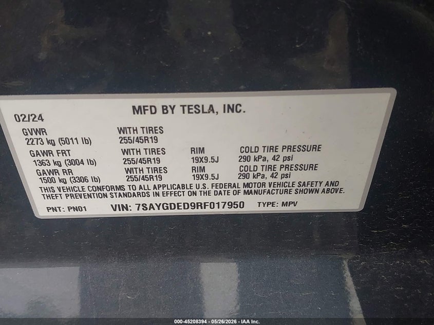 2024 Tesla Model y VIN 7SAYGDED9RF017950 IAAI salvage auction — REAR END, Salvage - Greater Than 75% (Maryland), sold $8,400 on 2026-07-23 (photo 9)