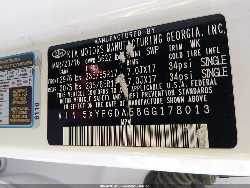 2016 Kia Sorento VIN 5XYPGDA58GG178013 IAAI salvage auction — NORMAL WEAR, Clear (Colorado), sold $2,125 on 2026-07-14 (photo 9)