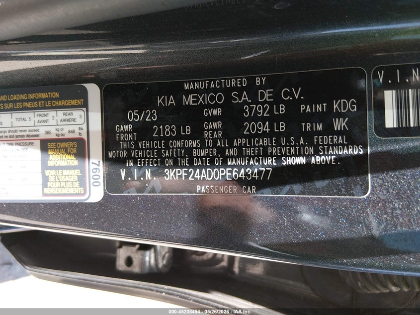 2023 Kia Forte VIN 3KPF24AD0PE643477 IAAI salvage auction — FRONT END, Salvage (Arizona), sold $800 on 2026-07-09 (photo 9)