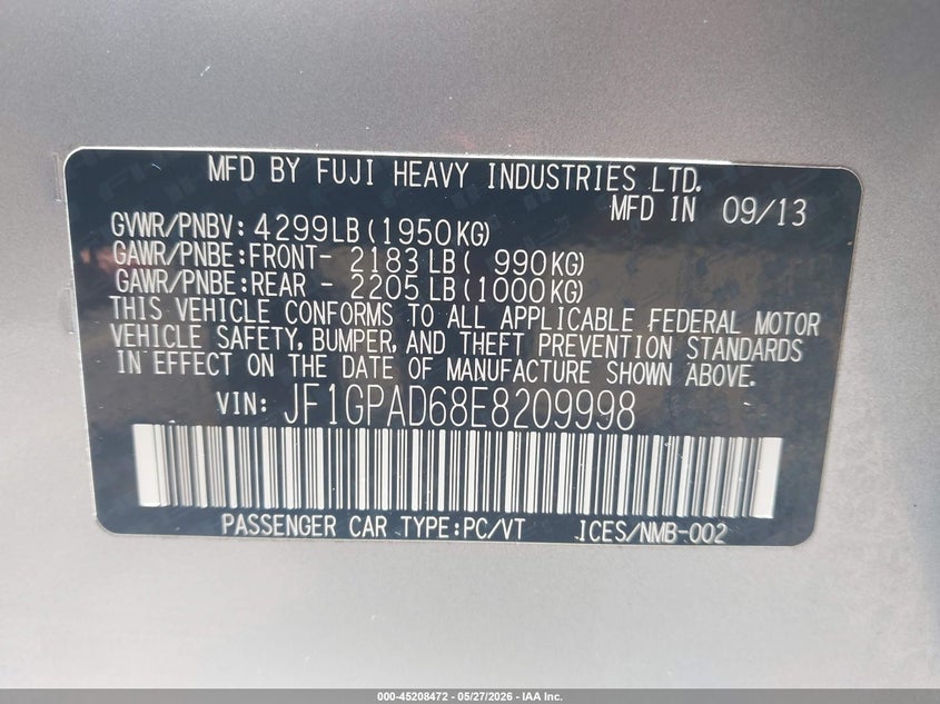 2014 Subaru Impreza VIN JF1GPAD68E8209998 IAAI salvage auction — FRONT & REAR, Clear (Hawaii), sold $1,250 on 2026-07-23 (photo 9)