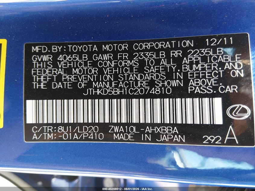 2012 Lexus Ct VIN JTHKD5BH1C2074810 IAAI salvage auction — FRONT END, Salvage Title, sold $1,050 on 2026-07-17 (photo 9)