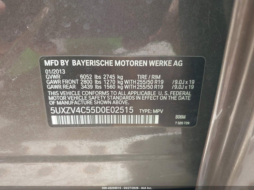 2013 BMW X5 VIN 5UXZV4C55D0E02515 IAAI salvage auction — NORMAL WEAR, Clear (Hawaii), sold $225 on 2026-07-14 (photo 9)