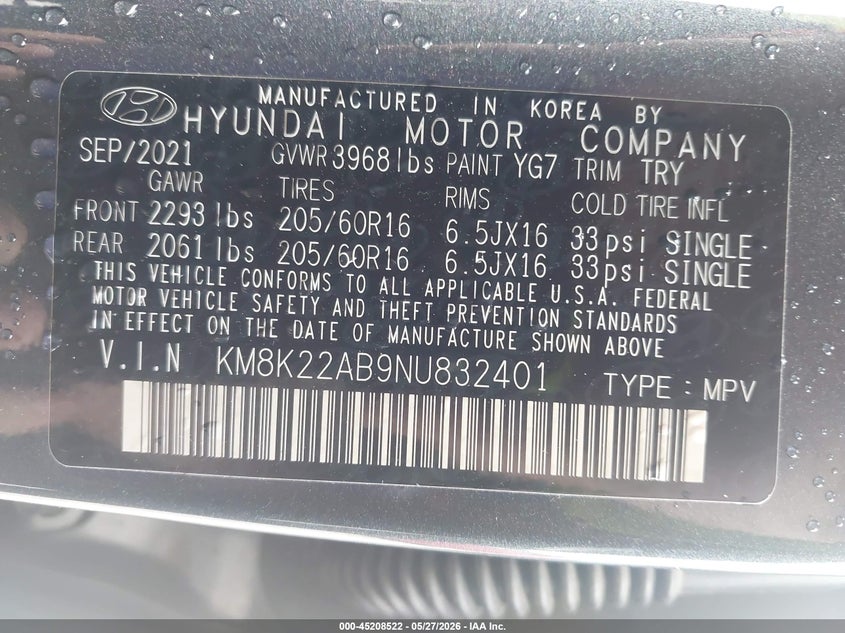 2022 Hyundai Kona VIN KM8K22AB9NU832401 IAAI salvage auction — FRONT END, Salvage Title, sold $3,200 on 2026-07-15 (photo 9)