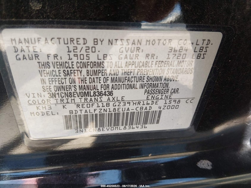 2021 Nissan Versa VIN 3N1CN8EV0ML836436 IAAI salvage auction — HAIL, Clear (Kansas), sold $2,550 on 2026-07-24 (photo 9)
