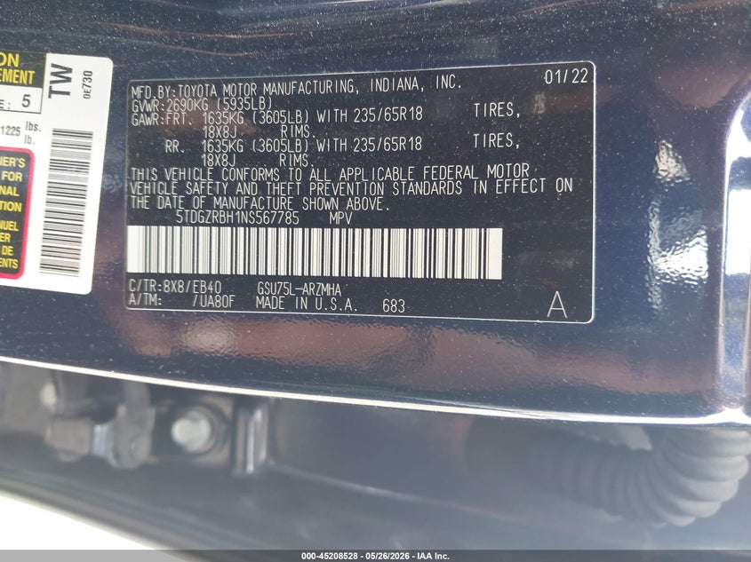 2022 Toyota Highlander VIN 5TDGZRBH1NS567785 IAAI salvage auction — FRONT END, Salvage (Illinois), sold $11,800 on 2026-07-15 (photo 9)
