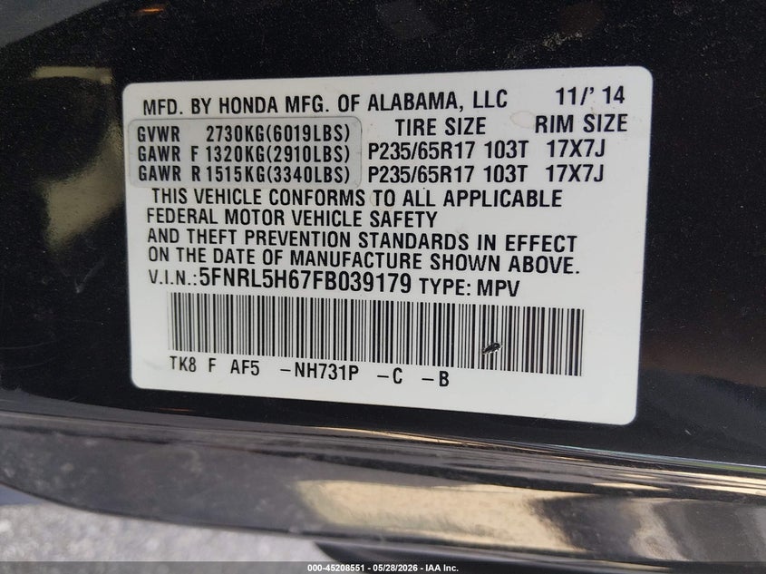 2015 Honda Odyssey VIN 5FNRL5H67FB039179 IAAI salvage auction — RIGHT SIDE, Salvage Title, sold $2,950 on 2026-07-27 (photo 9)