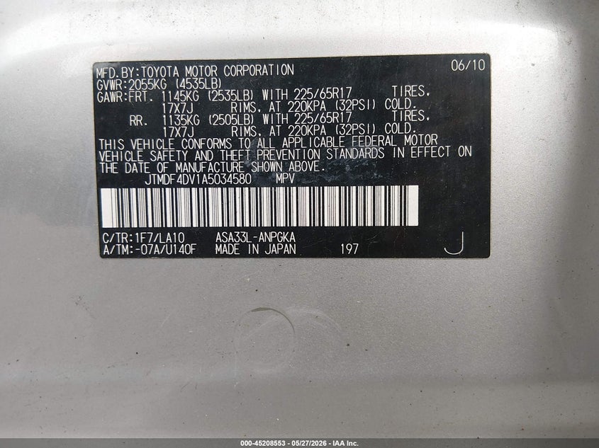2010 Toyota Rav 4 VIN JTMDF4DV1A5034580 IAAI salvage auction — REAR END, Salvage (Kentucky), sold $1,800 on 2026-07-27 (photo 9)