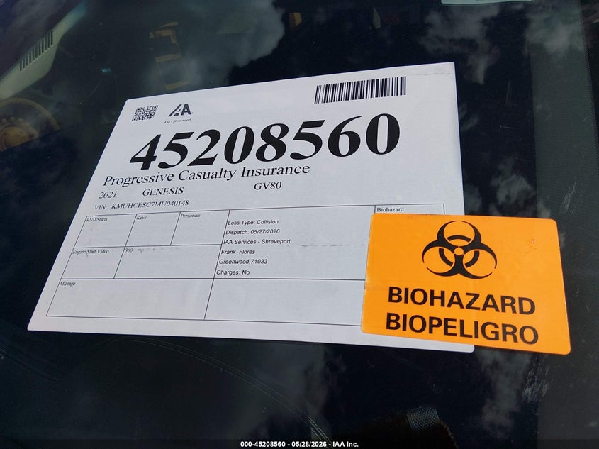 2021 Genesis Gv80 VIN KMUHCESC7MU040148 IAAI salvage auction — BIO HAZARD, Salvage Title, sold $8,600 on 2026-07-27 (photo 5)