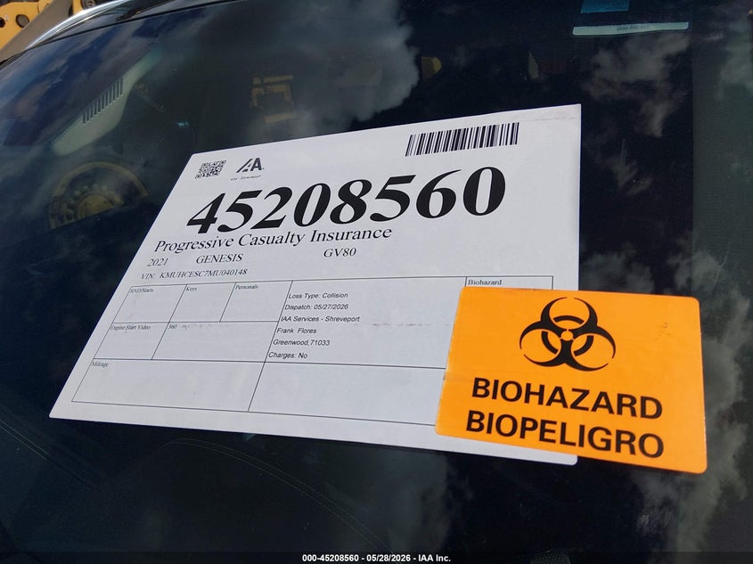2021 Genesis Gv80 VIN KMUHCESC7MU040148 IAAI salvage auction — BIO HAZARD, Salvage Title, sold $8,600 on 2026-07-27 (photo 8)