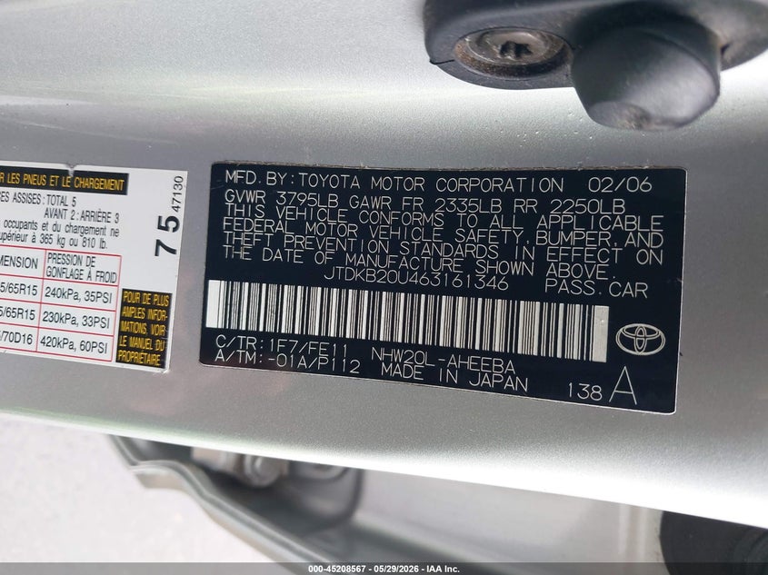 2006 Toyota Prius VIN JTDKB20U463161346 IAAI salvage auction — FRONT & REAR, Salvage (Oregon), sold $475 on 2026-07-07 (photo 9)