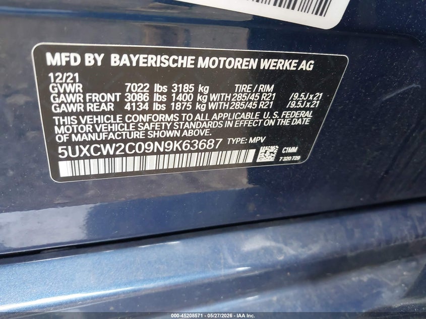 2022 BMW X7 VIN 5UXCW2C09N9K63687 IAAI salvage auction — REAR END, Original (West Virginia), sold $23,500 on 2026-07-07 (photo 9)