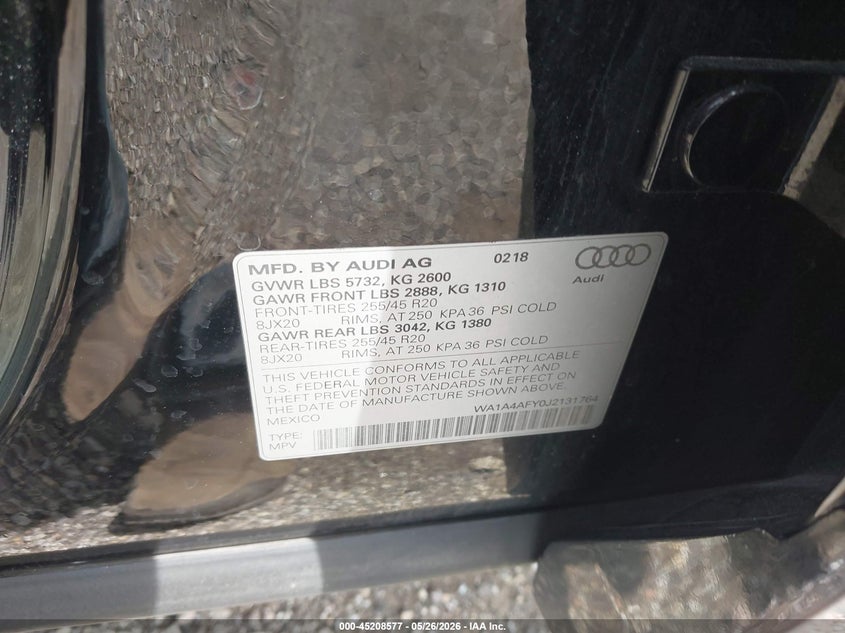 2018 Audi Sq5 VIN WA1A4AFY0J2131764 IAAI salvage auction — FRONT END, Salvage (Illinois), sold $8,800 on 2026-07-29 (photo 9)