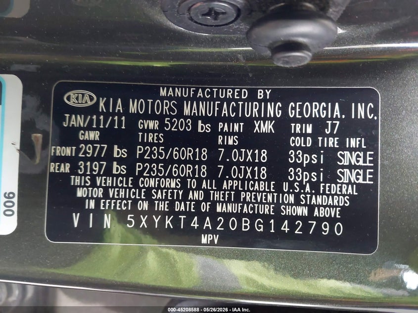 2011 Kia Sorento VIN 5XYKT4A20BG142790 IAAI salvage auction — RIGHT FRONT, Salvage (California), sold $1,750 on 2026-07-09 (photo 9)