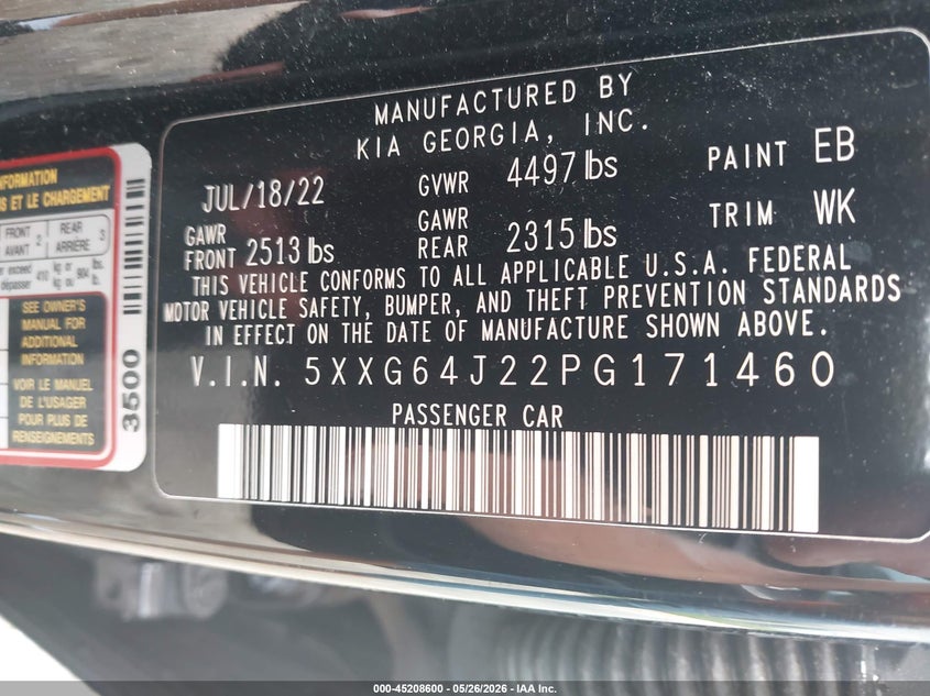 2023 Kia K5 VIN 5XXG64J22PG171460 IAAI salvage auction — HAIL, Salvage (Ohio), sold $4,550 on 2026-07-30 (photo 9)