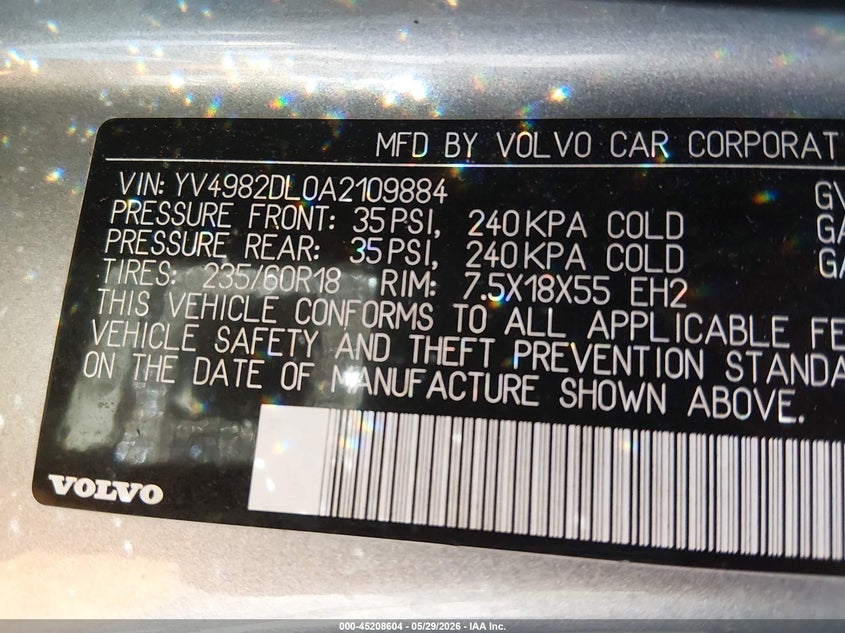 2010 Volvo Xc60 VIN YV4982DL0A2109884 IAAI salvage auction — FRONT END, Clear (Indiana), sold $400 on 2026-07-08 (photo 9)