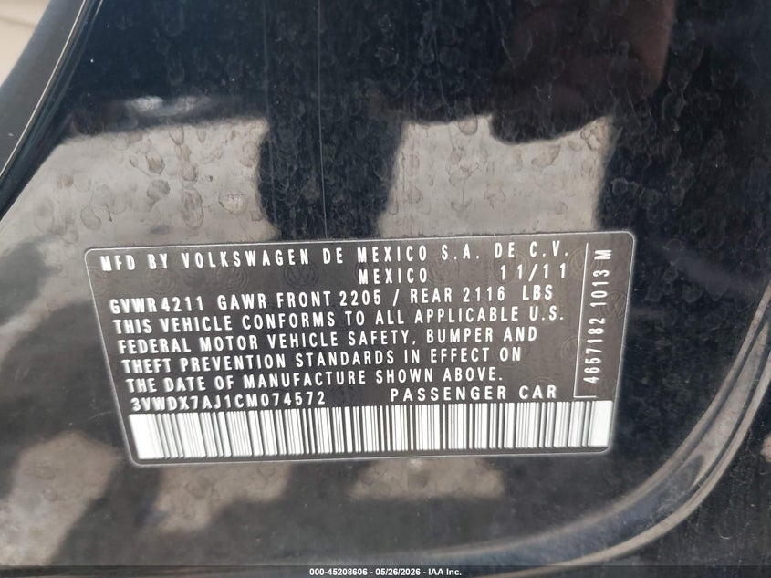2012 Volkswagen Jetta VIN 3VWDX7AJ1CM074572 IAAI salvage auction — REAR END, Salvage (Illinois), sold $600 on 2026-07-12 (photo 9)