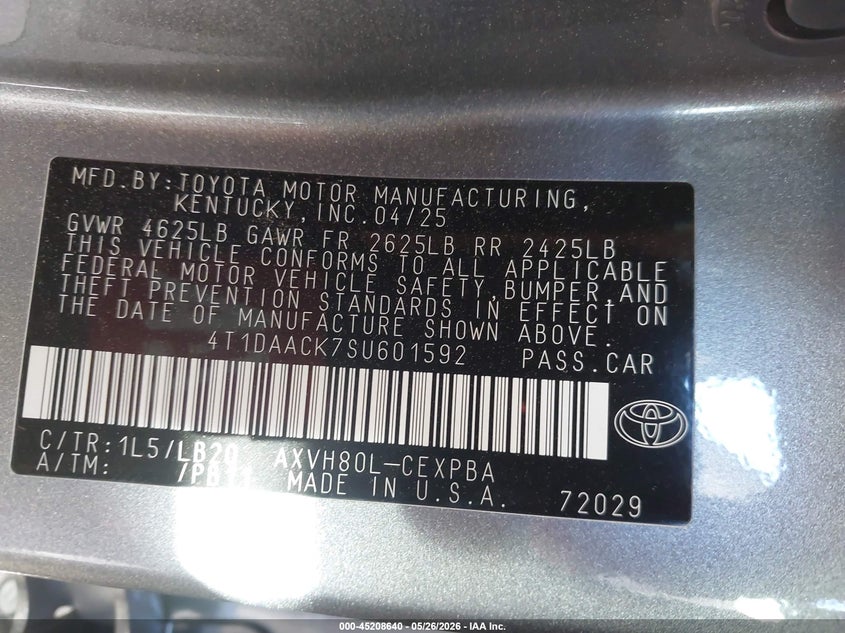 2025 Toyota Camry VIN 4T1DAACK7SU601592 IAAI salvage auction — FRONT END, Salvage (California), sold $10,200 on 2026-07-09 (photo 9)