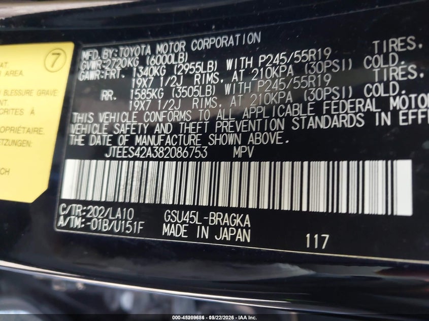 2008 Toyota Highlander VIN JTEES42A382086753 IAAI salvage auction — FRONT END, Salvage (Idaho), sold $1,200 on 2026-07-13 (photo 9)