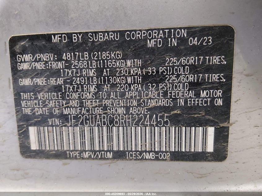 2024 Subaru Xv VIN JF2GUABC8RH224455 IAAI salvage auction — ROLLOVER, Salvage (Idaho), sold $1,000 on 2026-07-31 (photo 9)