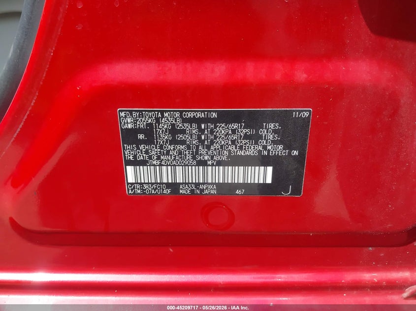 2010 Toyota Rav 4 VIN JTMBF4DV0AD029058 IAAI salvage auction — REAR END, Salvage (Missouri), sold $1,450 on 2026-07-29 (photo 9)