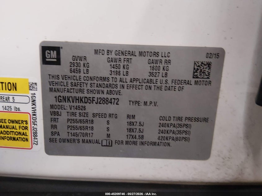 2015 Chevrolet Traverse VIN 1GNKVHKD5FJ288472 IAAI salvage auction — FRONT END, Prior Salvage (Minnesota), sold $550 on 2026-07-09 (photo 9)