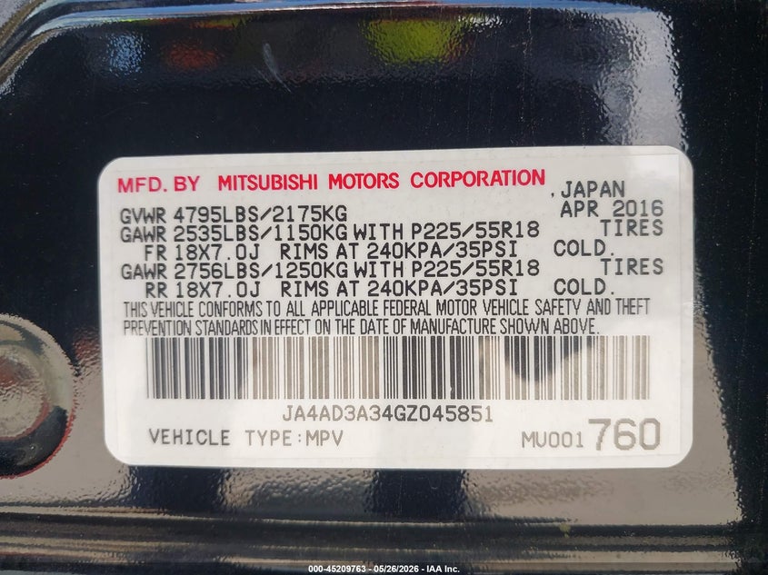2016 Mitsubishi Outlander VIN JA4AD3A34GZ045851 IAAI salvage auction — HAIL, Original (Texas), sold $3,000 on 2026-07-22 (photo 9)