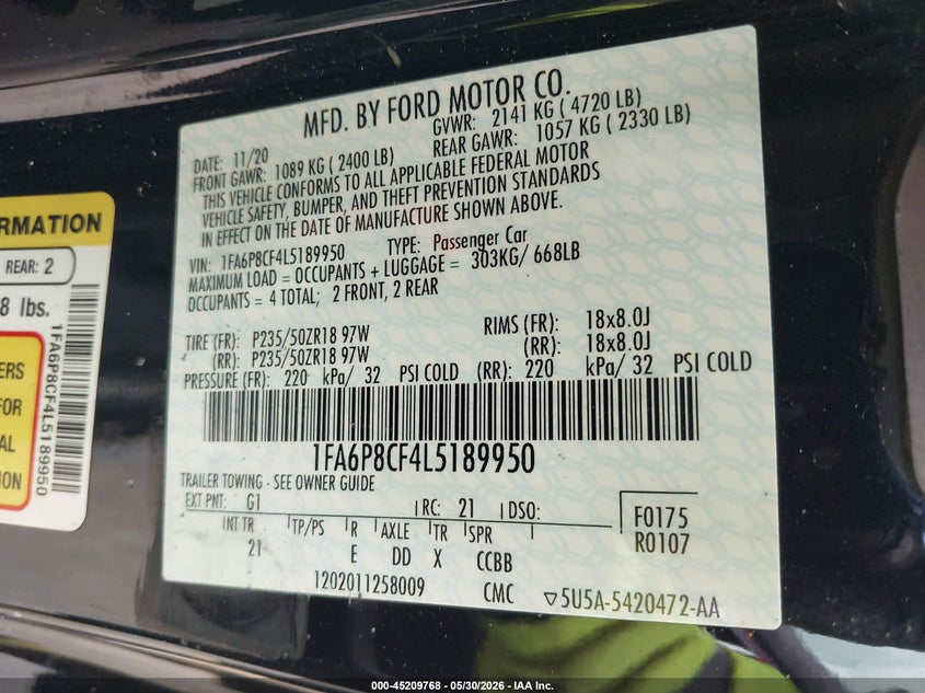 2020 Ford Mustang VIN 1FA6P8CF4L5189950 IAAI salvage auction — SIDE, Salvage Title, sold $9,200 on 2026-07-31 (photo 9)
