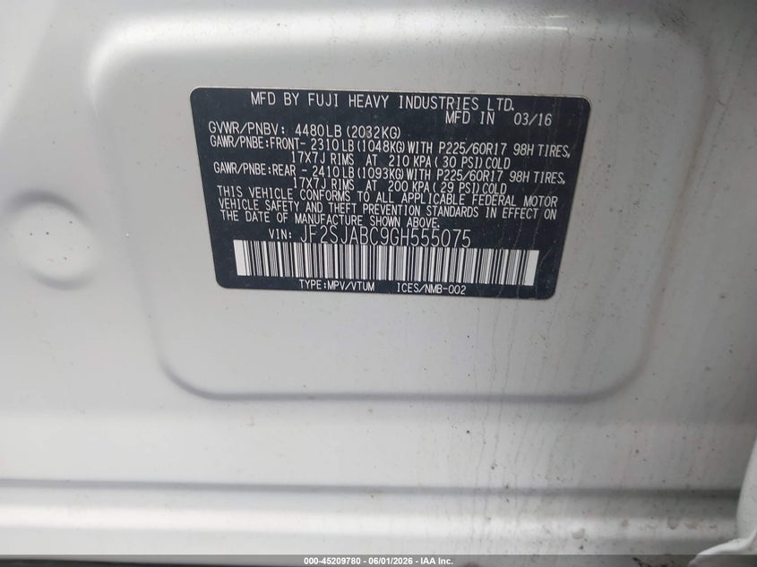 2016 Subaru Forester VIN JF2SJABC9GH555075 IAAI salvage auction — ALL OVER, Clear (Massachusetts), sold $450 on 2026-07-24 (photo 9)
