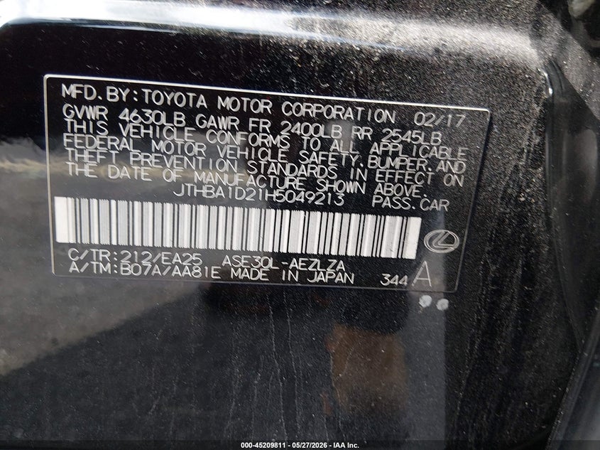 2017 Lexus Is VIN JTHBA1D21H5049213 IAAI salvage auction — RIGHT SIDE, Rebuildable (Florida), sold $6,500 on 2026-07-09 (photo 9)