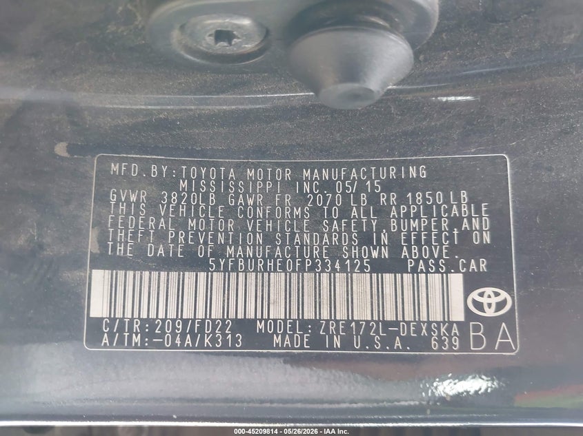 2015 Toyota Corolla VIN 5YFBURHE0FP334125 IAAI salvage auction — FRONT END, Salvage (California), sold $1,725 on 2026-07-08 (photo 9)