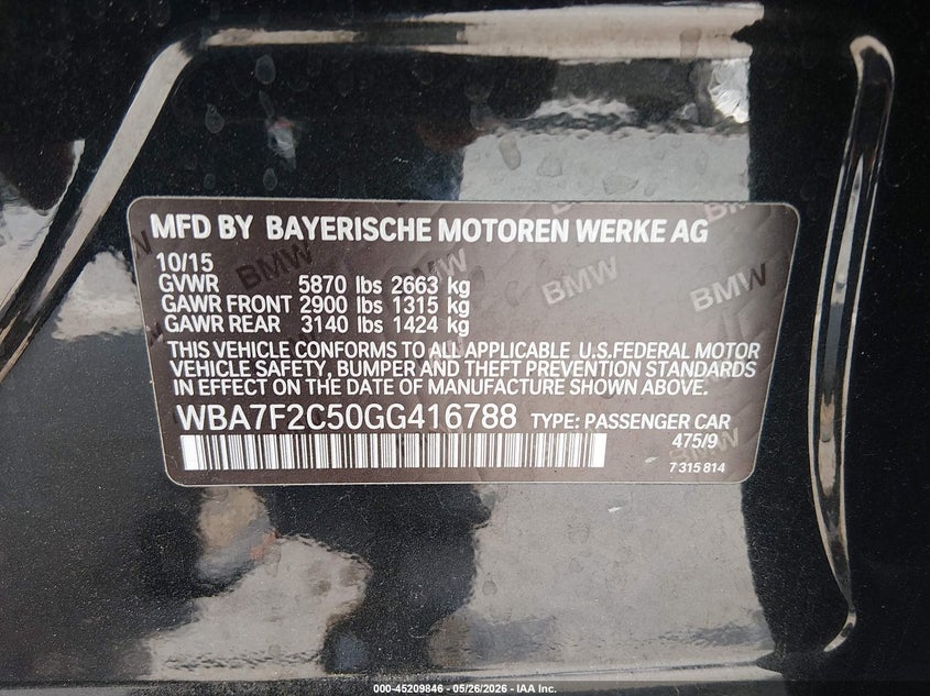2016 BMW 7er VIN WBA7F2C50GG416788 IAAI salvage auction — FRONT END, Salvage (North Carolina), sold $5,900 on 2026-07-22 (photo 9)