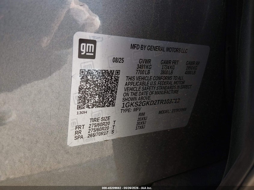 2026 Gmc Yukon VIN 1GKS2GKD2TR103713 IAAI salvage auction — FRONT END, Salvage (Arizona), sold $45,300 on 2026-08-03 (photo 9)