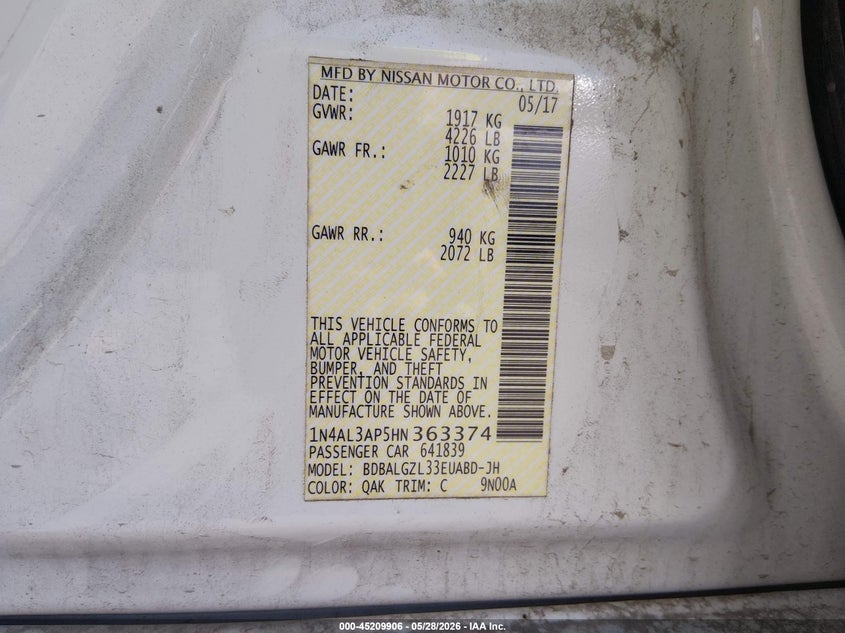 2017 Nissan Altima VIN 1N4AL3AP5HN363374 IAAI salvage auction — LEFT REAR, Salvage Title, sold $1,400 on 2026-07-28 (photo 9)